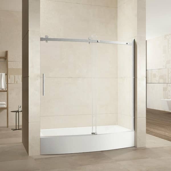 EPOWP 60 in. W x 58 in. H Single Sliding Frameless Tub Door in Brushed Nickel Finish with Tempered Glass