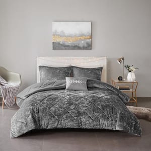 Isabel 4-Piece Grey Velvet Full/Queen Soft Velvet Lustrous Comforter Set with Throw Pillow