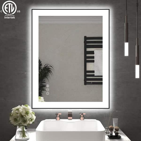 36 in. W x 28 in. H Rectangular Aluminum Framed Backlit and Front light LED wall mounted Bathroom Vanity Mirror in Black