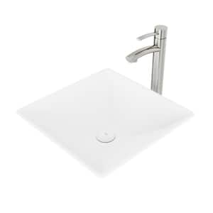 Matte Stone Hibiscus Composite Square Vessel Bathroom Sink in White with Milo Faucet in Brushed Nickel and Pop-Up Drain