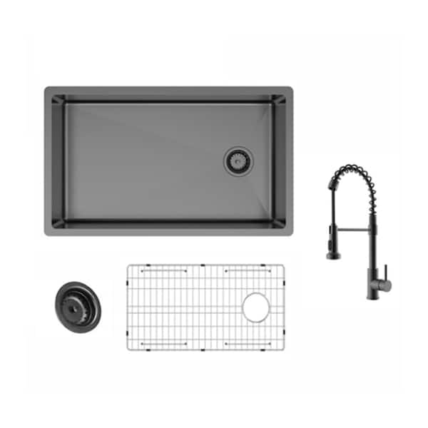 32 in. Undermount Single Bowl 18-Gauge Gunmetal Stainless Steel Sink with Spring Neck Faucet and Accessories