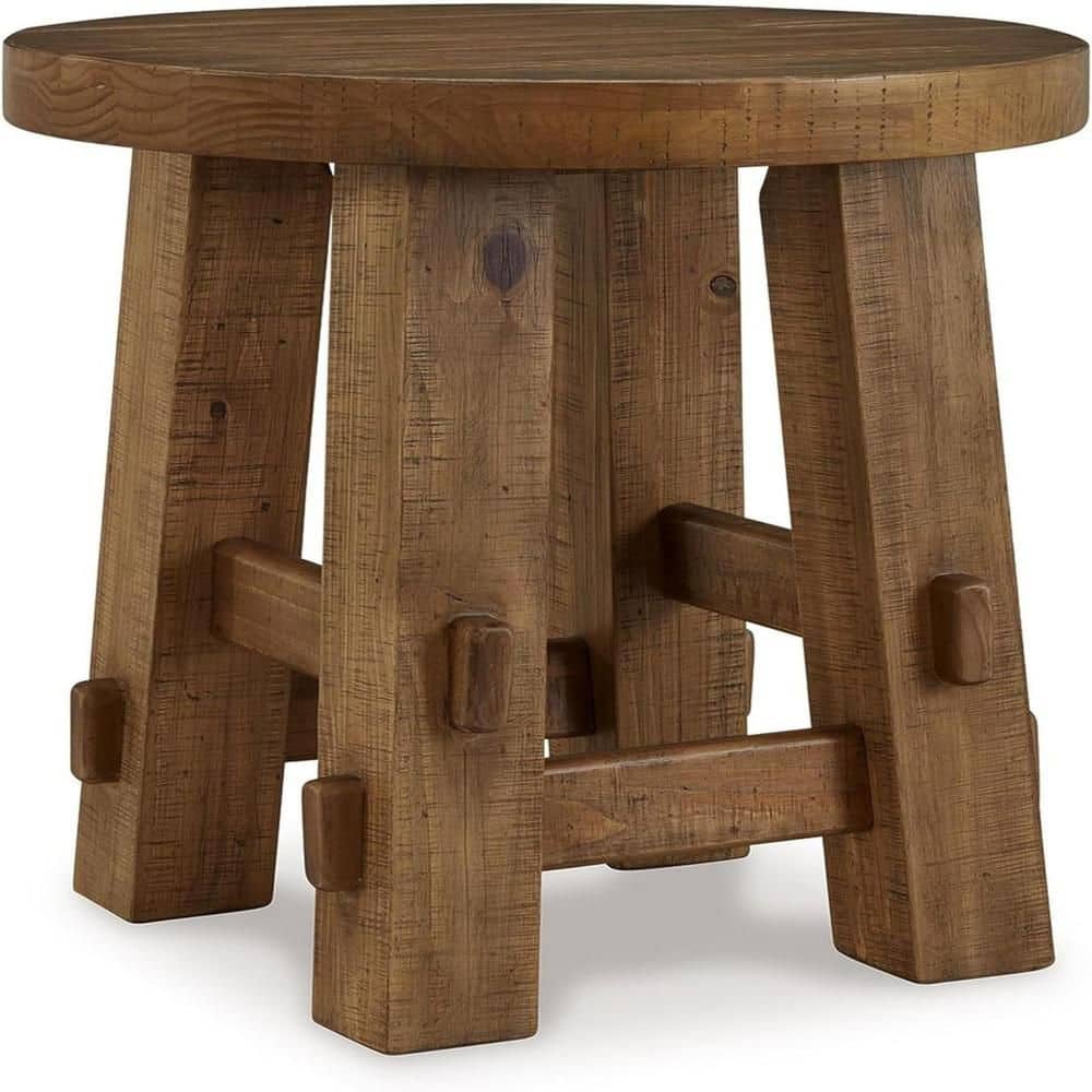 24 in. Brown Round Wood End Table, Sturdy Build End Side Table for Living Rooms