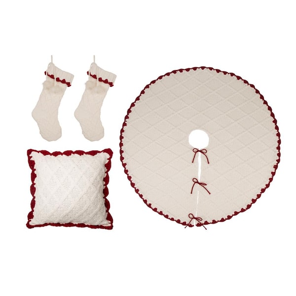 Glitzhome Set of 4 Knitted Polyester White Christmas Decoration (18 in. Pillow Cover/ 52 in. Tree Skirt/ 22 in. Stocking)