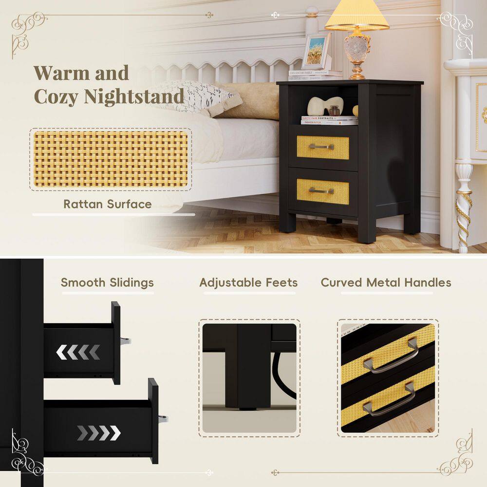 Collage showing details of the rattan nightstand.