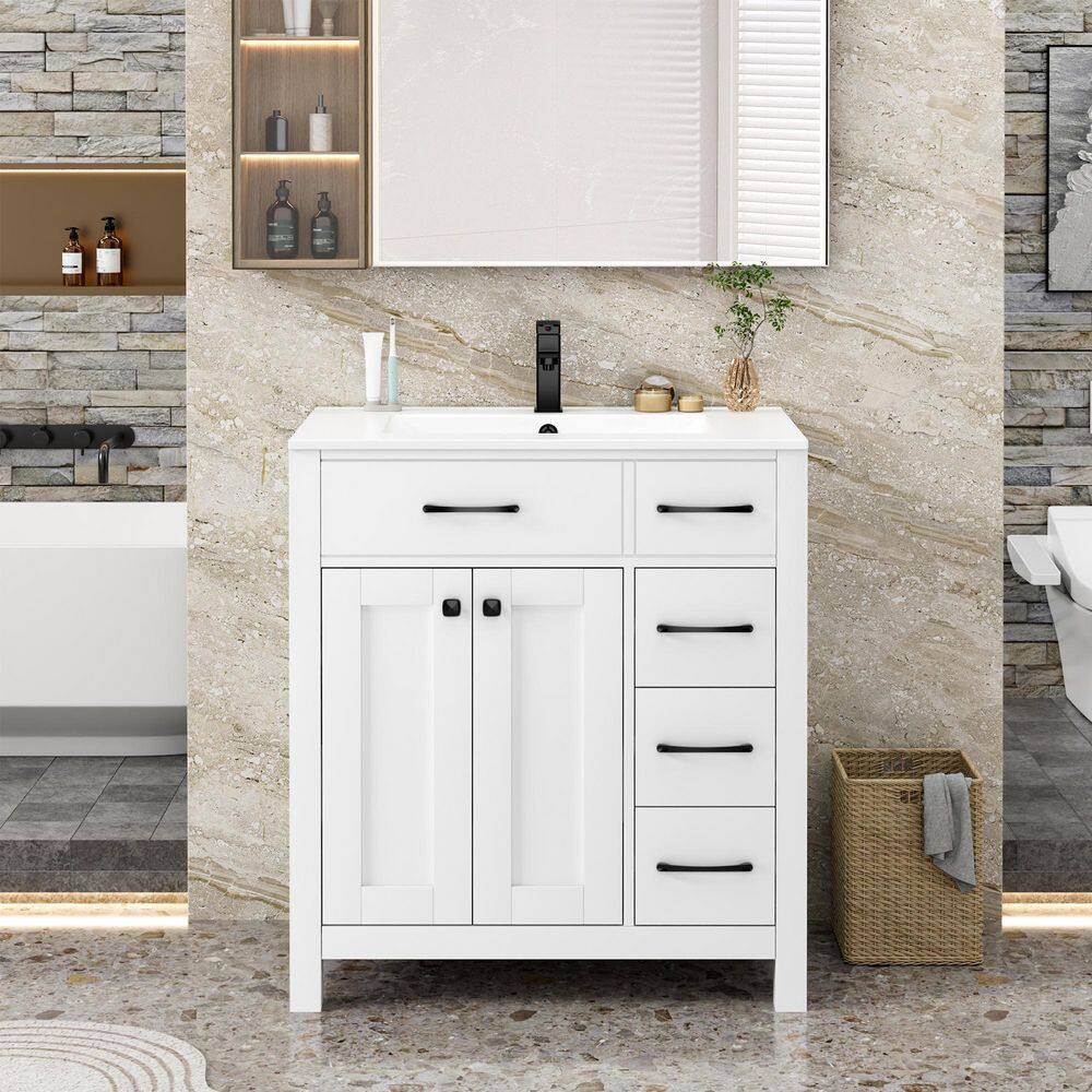 30 in. W x 19 in. D x 34 in. H Single Sink Freestanding White Bath Vanity with White Resin Top and Drain Faucet Set price history on PriceWatchPro