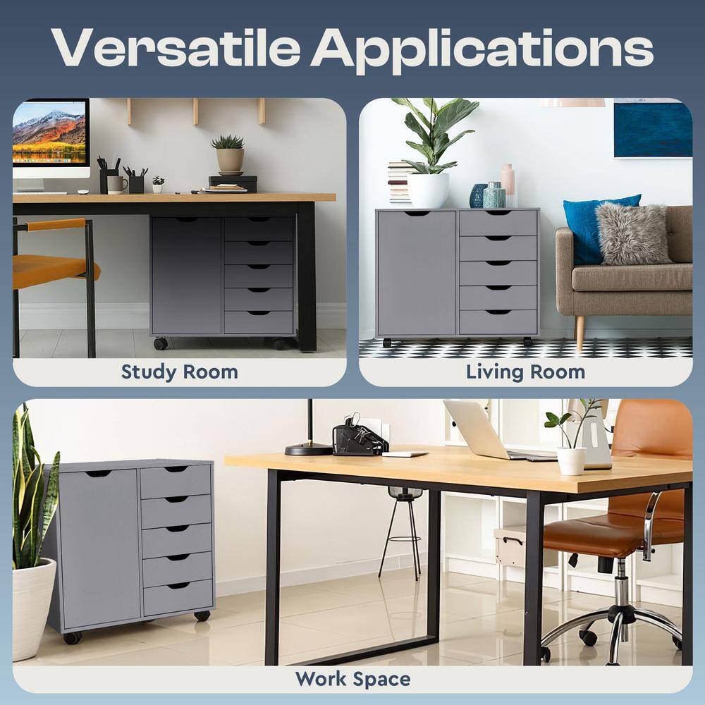 Gray Medium Wood 5-Drawer Mobile Lateral File Cabinet