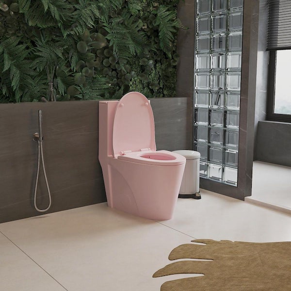 1-Piece Toilet 1.1 GPF/1.6 GPF Dual Flush Elongated Toilet with Quiet Soft Close Seat in Light Pink