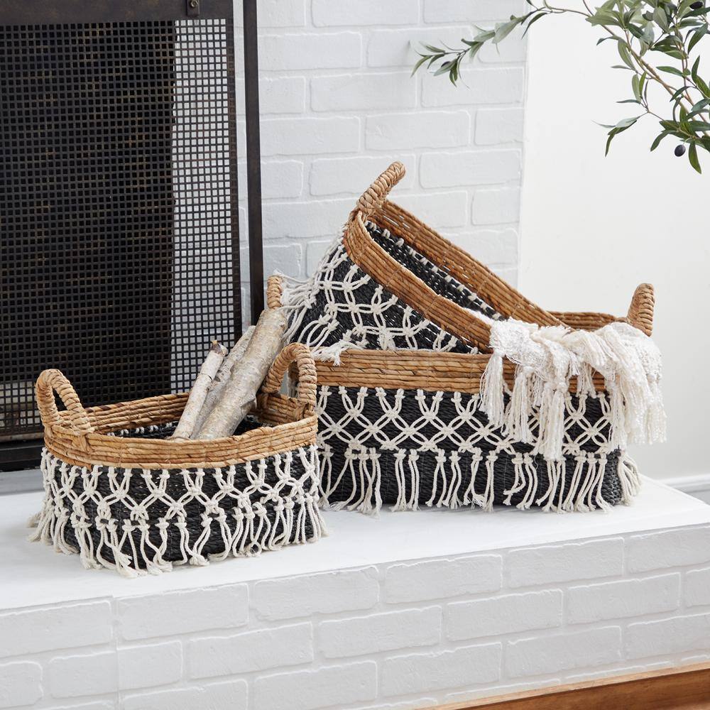 Bohemian Black Cotton Rectangular Storage Basket Trio 23"
