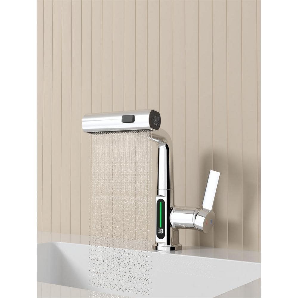 Single Handle Pull Out LED Digital Display Kitchen Faucet Stainless Steel w