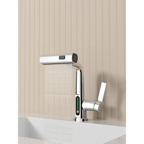 Unbranded Single Handle Pull Out LED Digital Display Kitchen Faucet Stainless Steel with Deckplate Bathroom Basin Faucet in Sliver