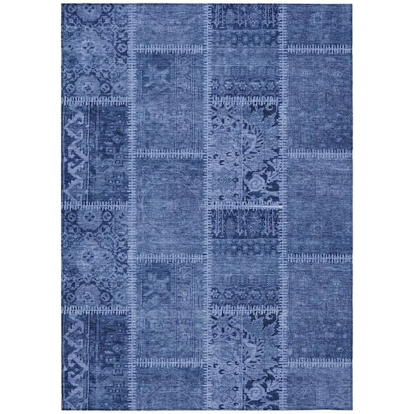Navy Blue, Denim Blue 10 ft. x 14 ft. Woven Plaid Polyester Rectangle Indoor/Outdoor Area Rug