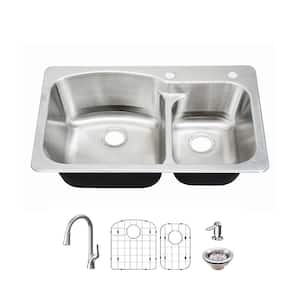 33 in. Drop-In/Undermount 60/40 Double Bowl 18 Gauge Stainless Steel Kitchen Sink with Pull-Down Faucet