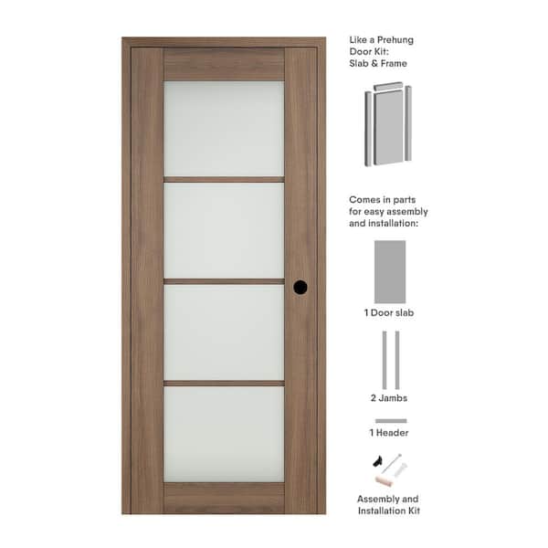 Belldinni Vona 30 in. x 80 in. 4-Lite Left-Hand Frosted Glass Pecan Nutwood Solid Core Composite Wood Single Prehung Interior Door
