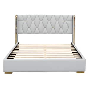 Off-white Wood Frame Queen PU Upholstered Platform Bed with Headboard