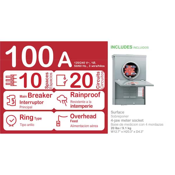 Homeline 100 Amp 10-Space 20-Circuit Outdoor Ring-Type Overhead Main Breaker CSED