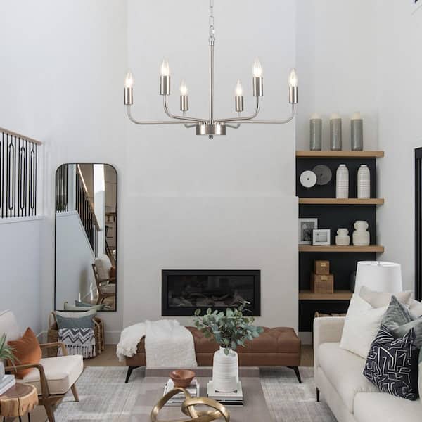 6 Light Satin Nickel Farmhouse Classic Chandelier for Living Room Bedroom No Bulbs Included