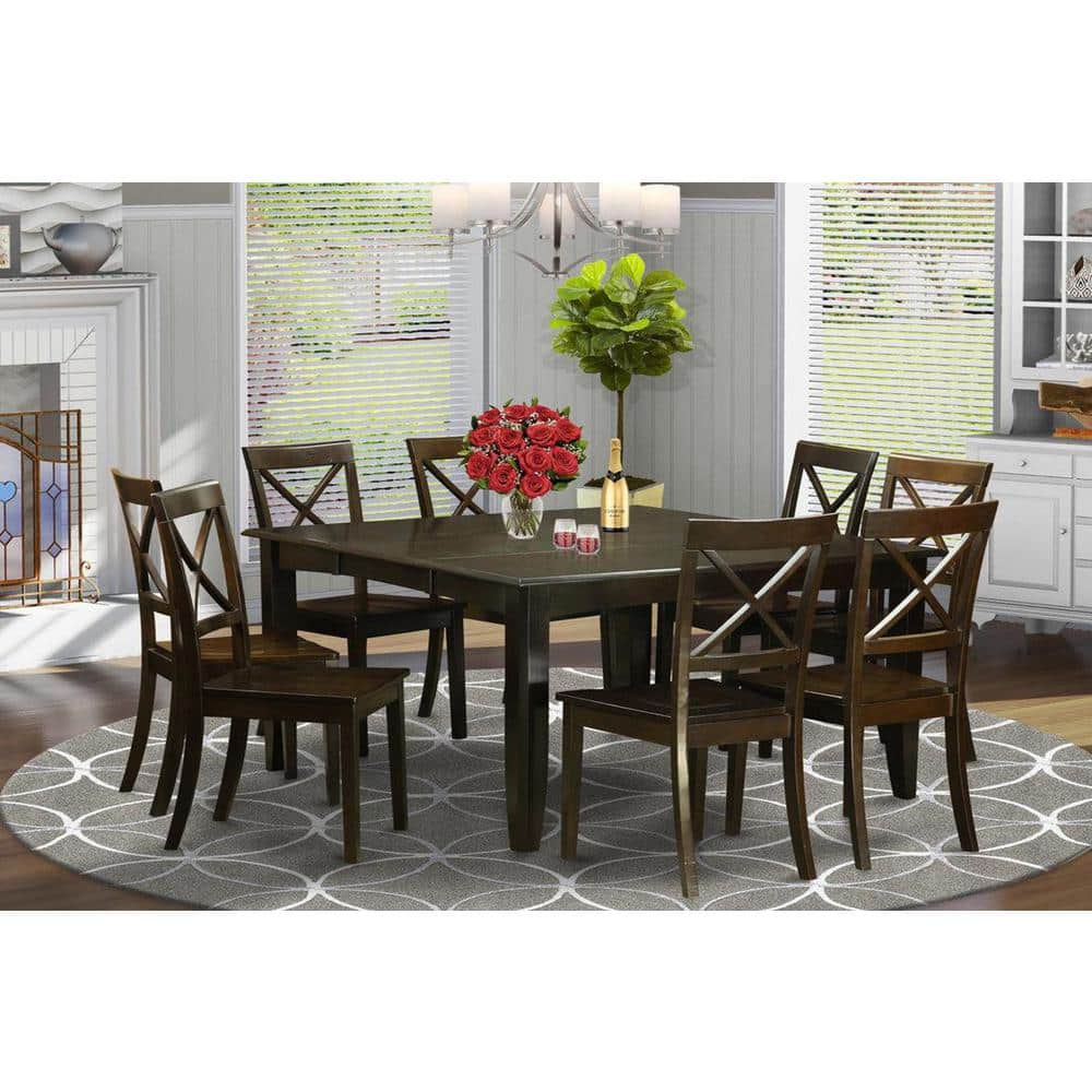 Cappuccino Finish Solid Wood Square Dining Table Set with 8 High Back Chairs