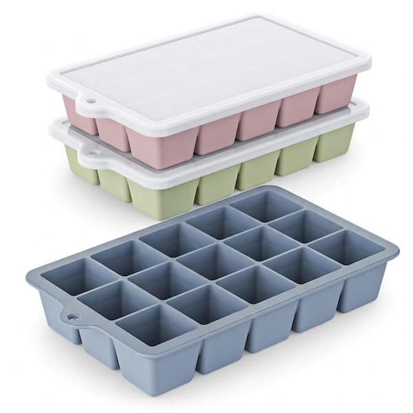 Multi-Color Silicone Square Ice Mold Ice Cube Tray with Lid (3-Pack)