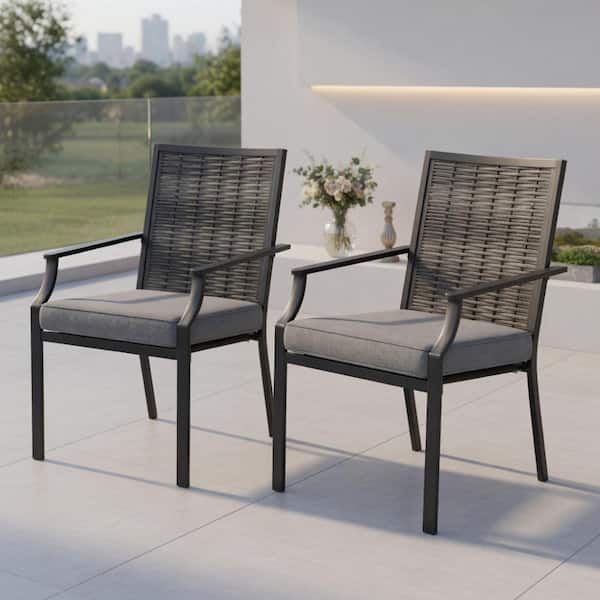 2-Pack Stackable Outdoor Wicker Armchairs with Removable Gray Cushions – PE Rattan Patio Chairs for Backyard, Poolside