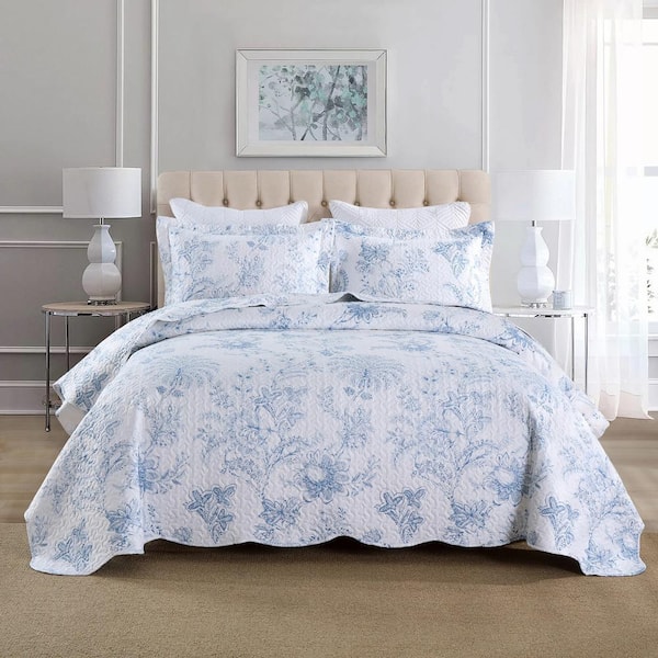 BY321 Blue Printed Floral King Size Polyester Quilt Set Lightweight Bedspread Set