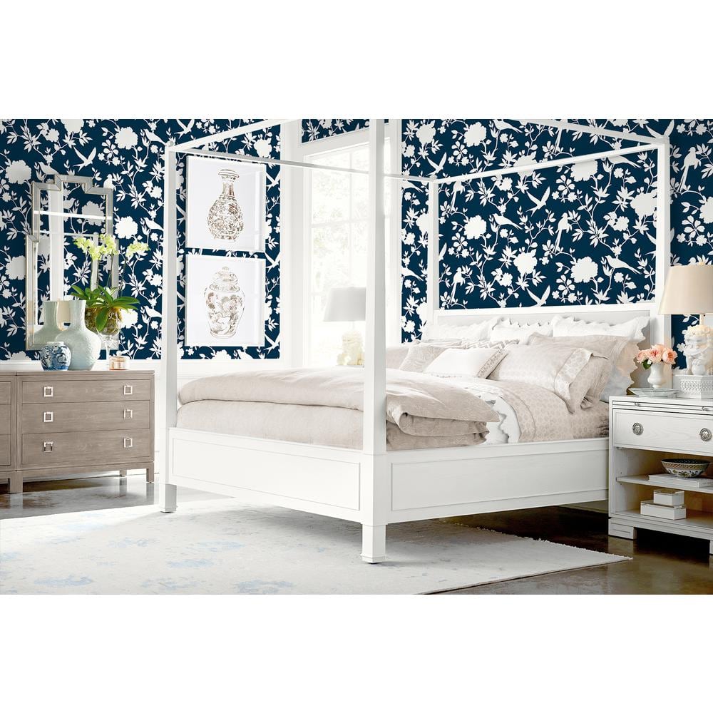 Denim Blue Kauai Bird Toile Embossed Vinyl Wallpaper Roll