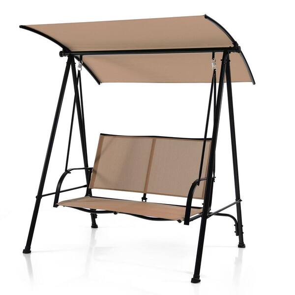 Unbranded Outdoor 2-Person Metal Patio Swing with Adjustable Polyester Canopy, Beige