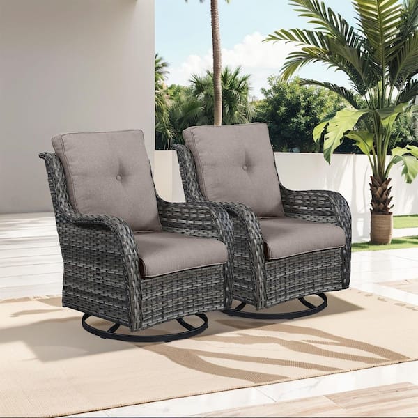 WellCane Gray 2-Piece Wicker Outdoor Swivel Glider Patio Rocking Chair with 3. 9in Thick Olefin Gray Cushions For Porch