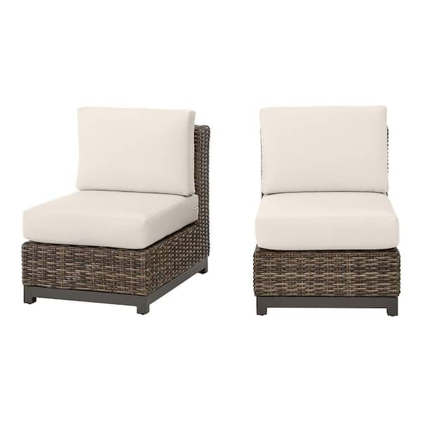 Hampton Bay Fernlake Brown Wicker Armless Middle Outdoor Patio Sectional Chair with CushionGuard Almond Tan Cushions (2-Pack)