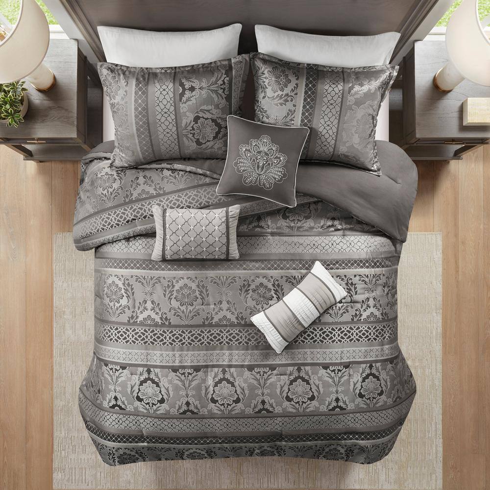 Gray King Jacquard Embroidered 7-Piece Comforter Set