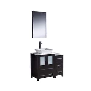 Torino 36 in. Vanity in Espresso with Glass Stone Vanity Top in White with White Basin with Mirror and 1 Side Cabinet