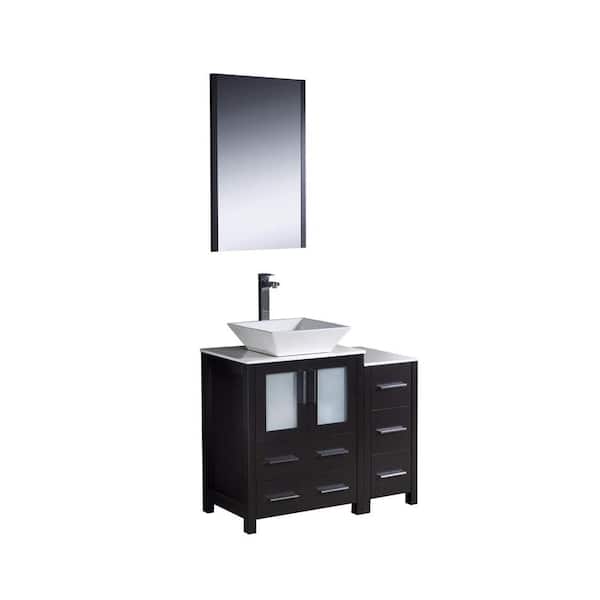 Fresca Torino 36 in. Vanity in Espresso with Glass Stone Vanity Top in White with White Basin with Mirror and 1 Side Cabinet