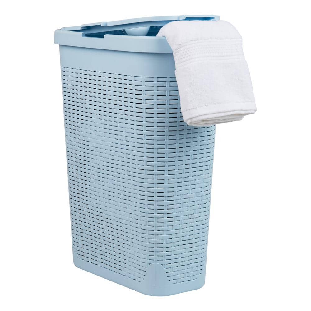 Baby Blue Slim Wicker Plastic Laundry Hamper with Lid