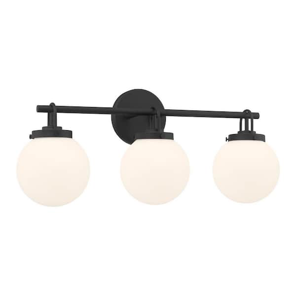 Ortesa in. 3-Light Dark Matte Black Vanity Light with Etched White Glass Shades