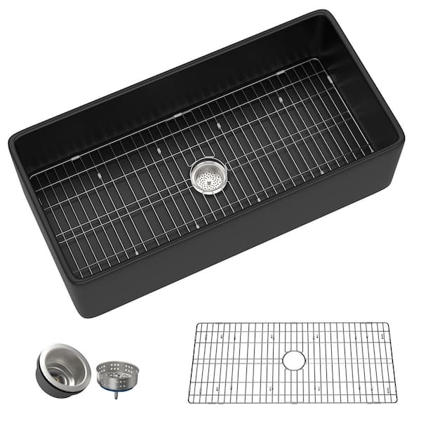 Zeafive Tor 36 in. L x 20 in. W Farmhouse Apron Front Single Bowl Fireclay Kitchen Sink with Bottom Grid and Strainer in Black