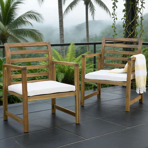 Acacia Wood Outdoor Lounge Chair with White Cushions (2-Pack)