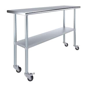 18 in. x 60 in. Stainless Steel Work Table with Casters : Mobile Metal Kitchen Utility Table with Bottom Shelf