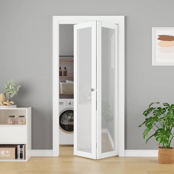 36 in. x 80 in. 1-Lite Glass Frosted Glass and Solid Core White Finished MDF Bi-Fold Door with Hardware