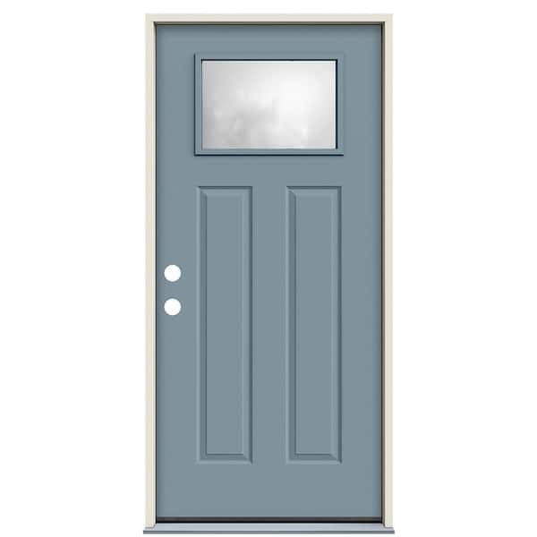 36 in. x 80 in. Right-Hand Craftsman Blanca Frosted Glass Light Blue Paitnted Steel Prehung Front Door