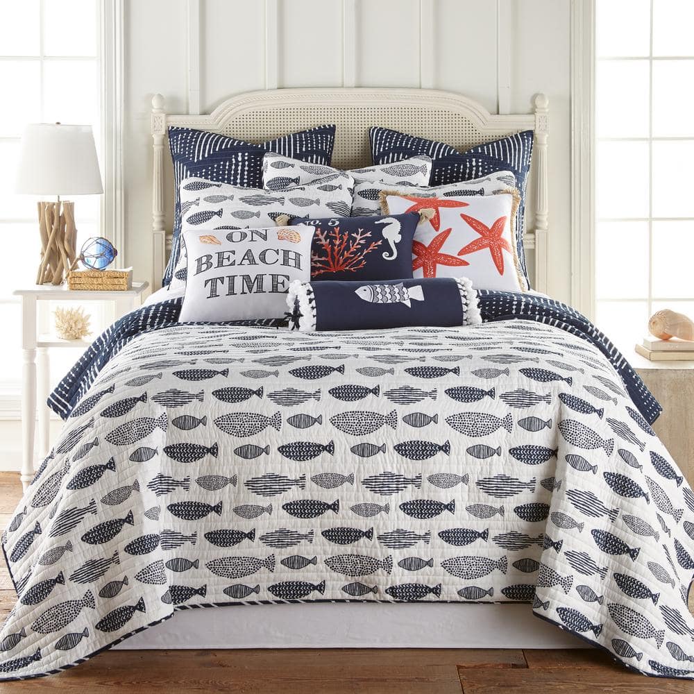 Navy Coral Embroidered Seahorse and Coral Square Pillow