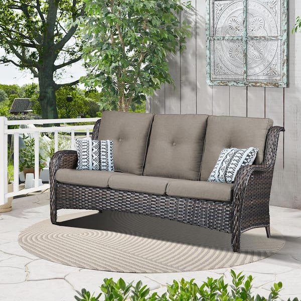 ArcoBay Metal and Brown Wicker Outdoor 3-Seat Sectional Couch Sofa with Olefin Gray Cushions