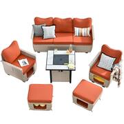 Echo Beige 6-Piece Wicker Outdoor Multi-Functional Patio Conversation Sofa Set with a Fire Pit and Orange Red Cushions