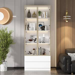 White Wood 31.5 in. W Display Cabinet with Tempered Glass Doors, Drawers, Adjustable Shelves, LED Lights