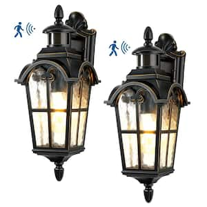 16.8 in. Black Motion Sensing Dusk to Dawn Outdoor Hardwired Wall Lantern Scone with No Bulbs Included, Set of 2