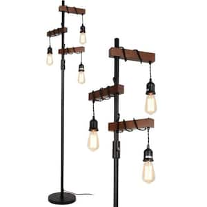 68 in. Black Dimmable 3-Light Farmhouse Tree Floor Lamp for Living Room with Sturdy Wood Base and Metal Pole