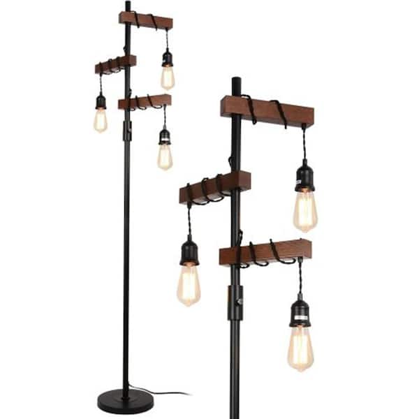 Ahfiwaso 68 in. Black Dimmable 3-Light Farmhouse Tree Floor Lamp for Living Room with Sturdy Wood Base and Metal Pole