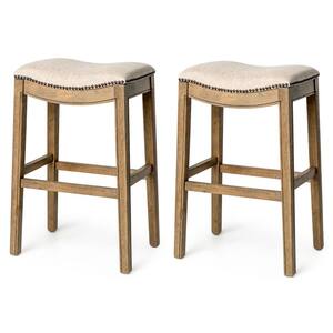 31 in. in Natural/Cream Wood Frame Bar Stool with Fabric Seat and Nailhead Trim (Set of 2)