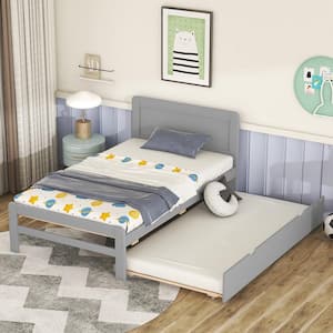 Gray Wood Frame Twin Size Platform Bed with Headboard and Trundle