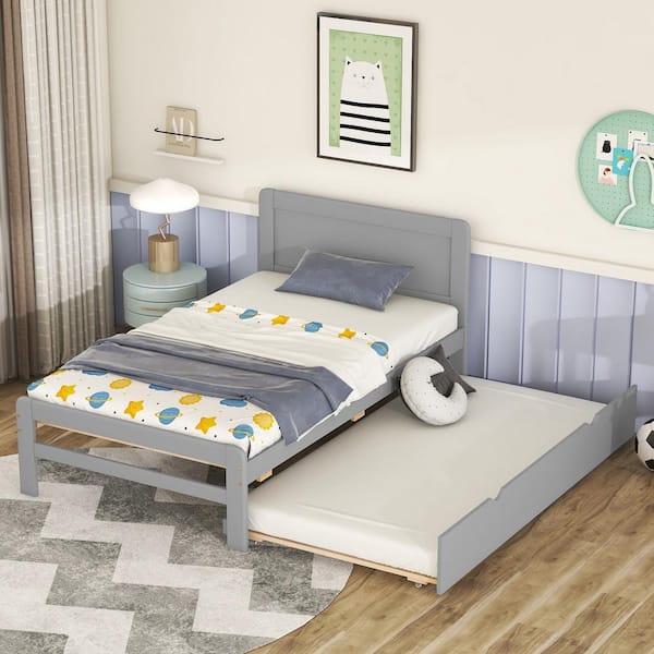 Harper & Bright Designs Gray Wood Frame Twin Size Platform Bed with Headboard and Trundle
