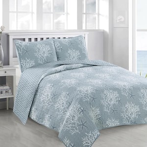 Blue Reversible Coastal Themed King Microfiber 3-Piece Quilt Set Bedspread