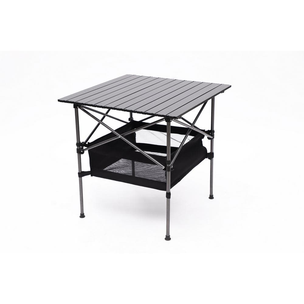 27.56 in. Black Aluminum Lightweight Roll-Up Square Folding Outdoor Picnic 